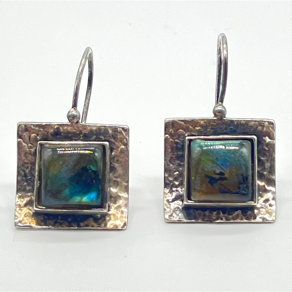 Vintage‎ Signed Silpada .925 Silver Labradorite Hammered Dangle Drop Earrings